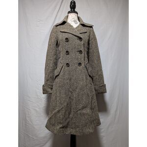 H&M Women's Wool Blend Brown Black Herringbone Winter Pea Coat Size 6